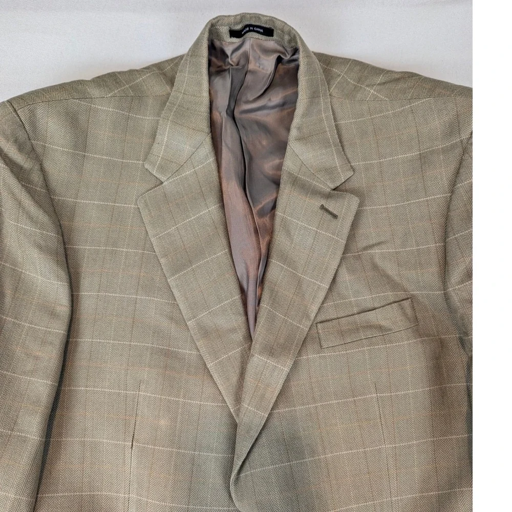 Izod of London Tan 38R Linen Window Pane Plaid Blazer Sport Mens‎ Suit Jacket